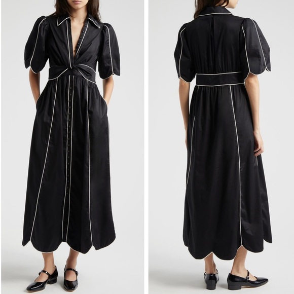 Farm Rio Contrasting-Trim Puff Short Sleeve Button Down Midi Dress Small NEW - Picture 6 of 16